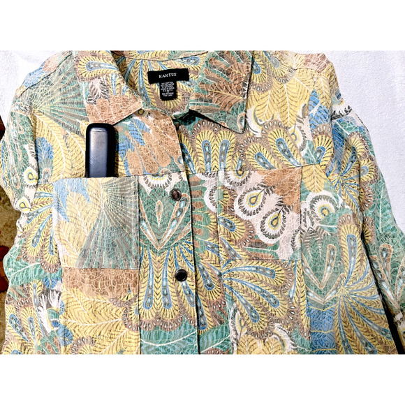 KAKTUS Shirt Jacket button down Art textured peacock,pastel,transition  Sz 1X - Picture 5 of 7